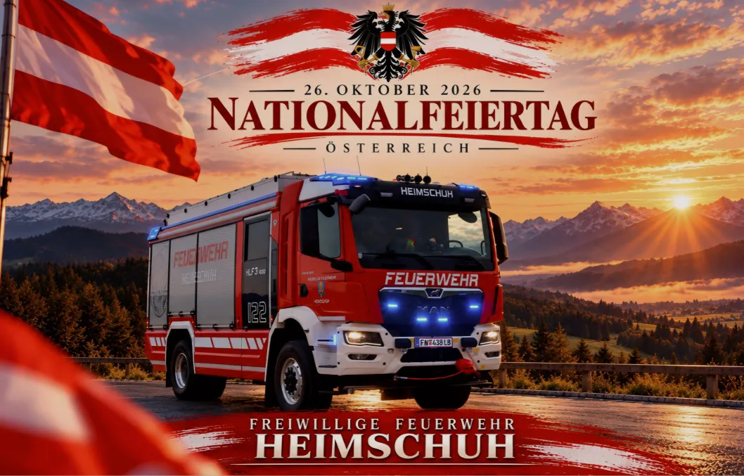Ein Feuerwehrauto fährt auf einer Straße, im Hintergrund weht die österreichische Flagge. Das Auto ist mit 'Feuerwehr Heimschuh' beschriftet und mit roter und weißer Farbe verziert.