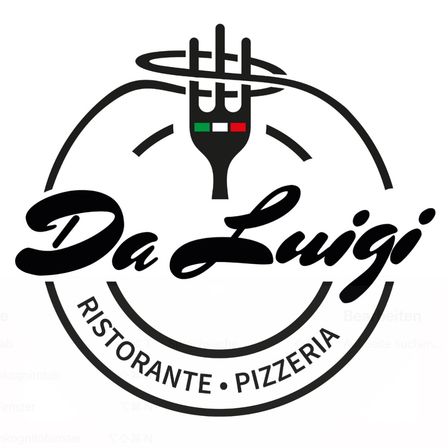 Das Da Luigi Logo zeigt ein kreisförmiges Design mit einer stilisierten Gabel und einem Messer, was italienische Küche darstellt. Der Text lautet 'Da Luigi Ristorante Pizzeria', was auf ein Restaurant hinweist, das sich auf Speisen und Pizza spezialisiert hat.