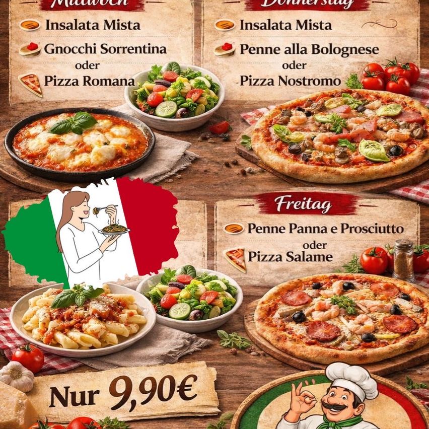 Ein italienisches Menü mit verschiedenen Pasta- und Pizza-Optionen, darunter Insalata Mista, Gnocchi Sorrentina, Penne alla Bolognese, Pizza Romana und mehr. Jedes Gericht wird von Bildern von Speisen begleitet.
