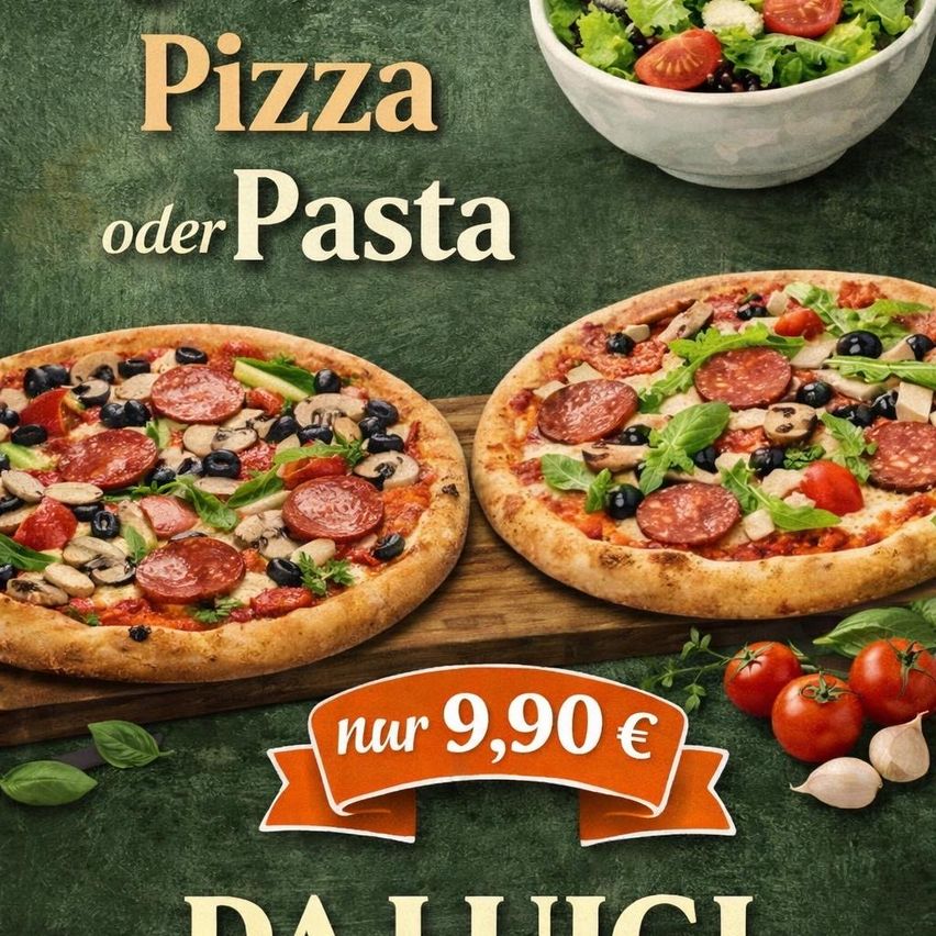 Zwei Pizzen mit Toppings wie Salami, Oliven und Pilzen, zum Preis von 9,90 Euro. Ein Salatschüssel mit Tomaten und Basilikum in der Nähe.