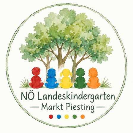 Illustration von fünf Kindern, die unter einem Baum sitzen, mit dem Text 'NÖ Landeskindergarten - Markt Piesting'. Die Kinder sind in verschiedenen Farben und der Baum ist grün.
