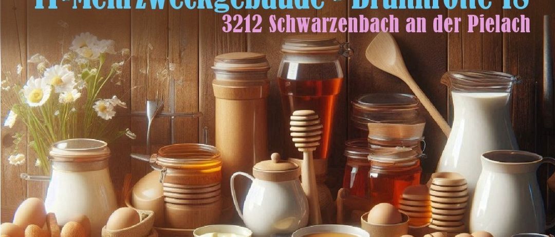 Plakat für Schminkerl-Frühstück am 29. März 2026, 8-12 Uhr. Ort: FF-Mehrzweckgebäude, Brunnrotte 18, 3212 Schwarzenbach. Frühstücksspeisen umfassen Eier, Brot, Butter, Honig und Orangensaft.