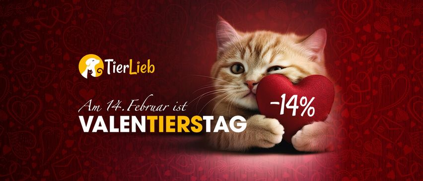 Eine Werbung zeigt eine Katze, die ein rotes Herz hält, mit Text, der angibt, dass der 14. Februar Valentinstag ist und 14% Rabatt gibt.