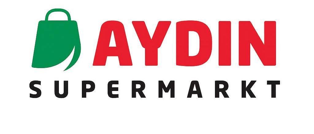 Das Logo von Aydin Supermarket zeigt ein grünes Einkaufstaschen-Symbol neben dem fetten roten Text 'AYDIN', gefolgt vom Wort 'SUPERMARKT' in Kleinbuchstaben.