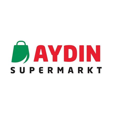 Das Logo des Aydin Supermarkts zeigt ein grünes Einkaufstasche-Symbol und den Text 'AYDIN SUPERMARKT' in fetten roten Buchstaben.