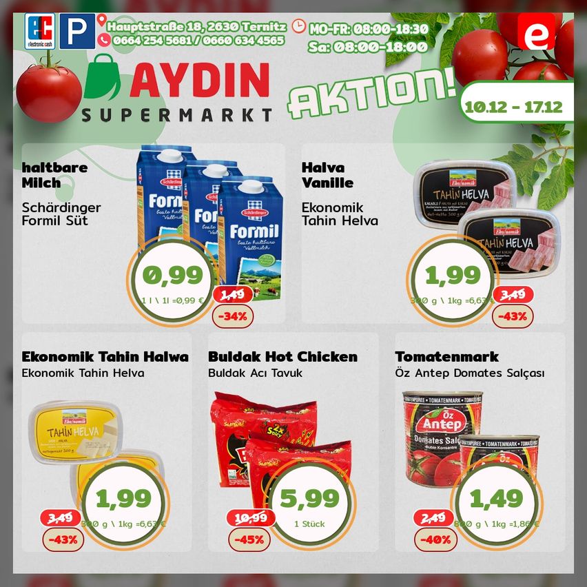 Supermarket Ad for Aydin featuring discounts on products like half-fat milk, vanilla halva, hot chicken, and tomato sauce. Offers include reduced prices with discounts ranging from 34% to 45%. Valid from 10th to 17th December.