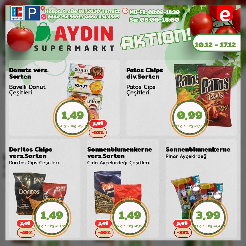 Promotional poster for Aydin Supermarket. Features various products on sale, including Bavelli Donuts, Patos Chips, Doritos Chips, and Sunflower Seeds. Each product has a discounted price and percentage reduction. Displayed in a visually appealing layout with a tomato background.