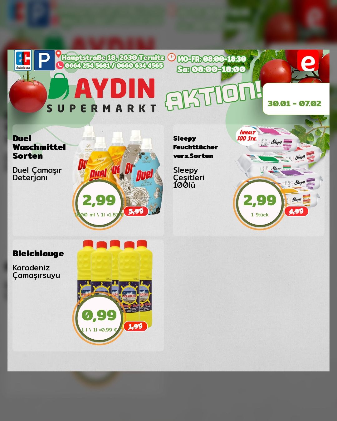 Anzeige von ADYN Supermarkt mit reduzierten Produkten: Dual Waschmittel und Sleepy 100 Blätter je 2,99. Bleichlauge kostet 0,99 pro 1 Liter. Angebot läuft vom 30. Januar bis 7. Februar.