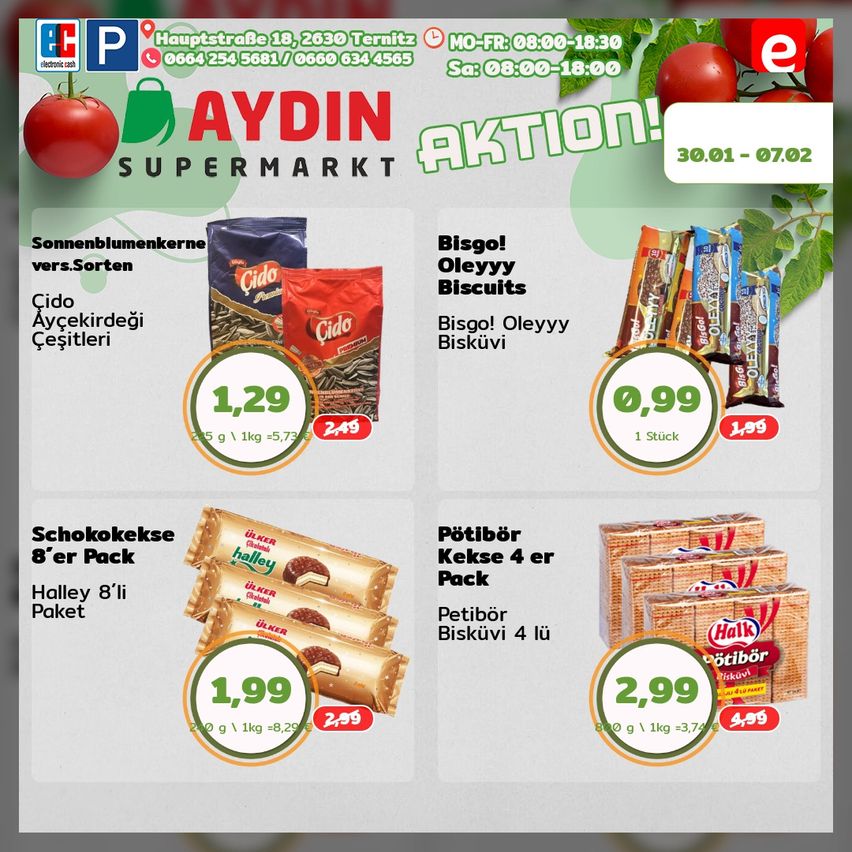 Werbeanzeige für Aydin Supermarkt mit Produktangeboten. Produkte umfassen Sonnenblumenkerne, Bisqo Oleyyy Kekse, Schokekse 8er Pack und PötiBör Kekse 4er Pack. Preise und Gewichte sind angegeben. Die Anzeige ist gültig vom 30.01 bis 07.02.