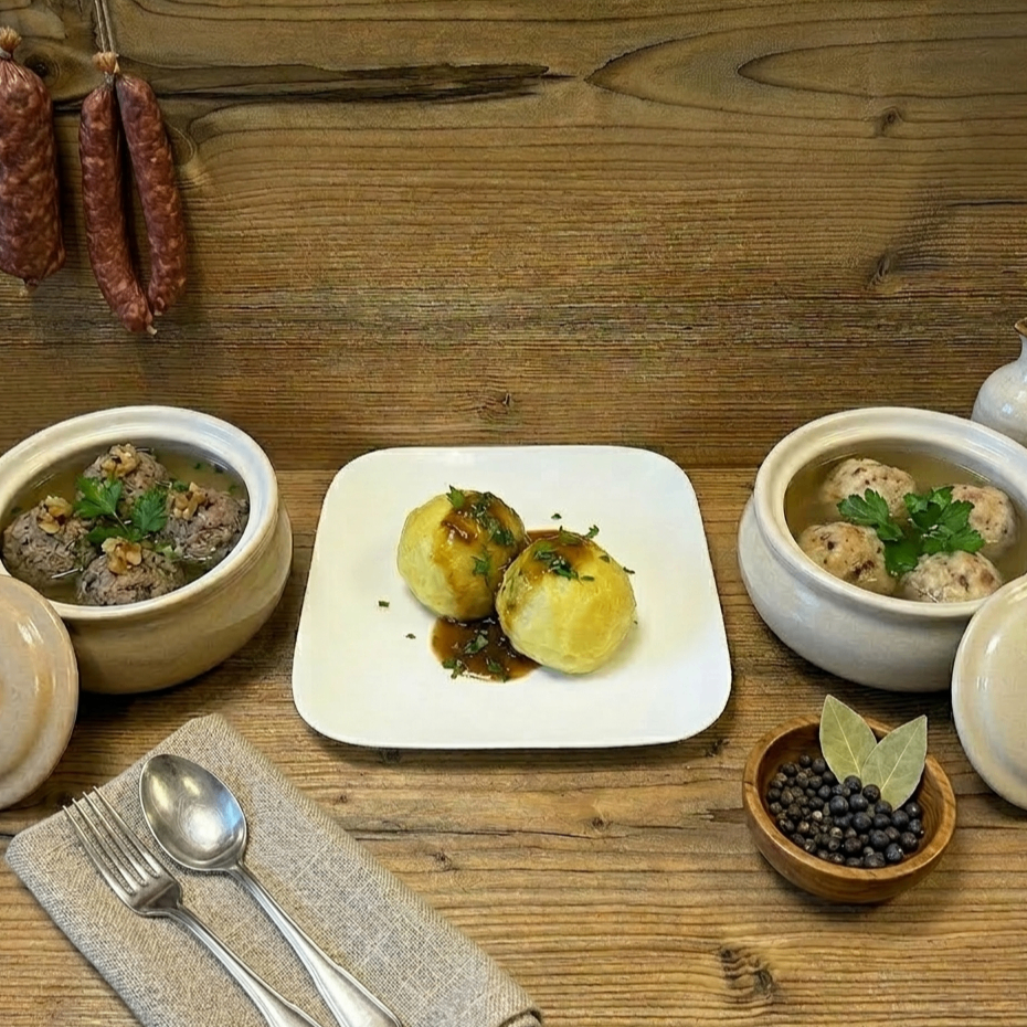 Auf einem Holztisch stehen drei Gerichte: eine Schüssel mit Fleischklößchensuppe, ein Teller mit drei Fleischklößchen und eine Schüssel mit schwarzem Pfeffer. Besteck und Würste sind ebenfalls vorhanden.