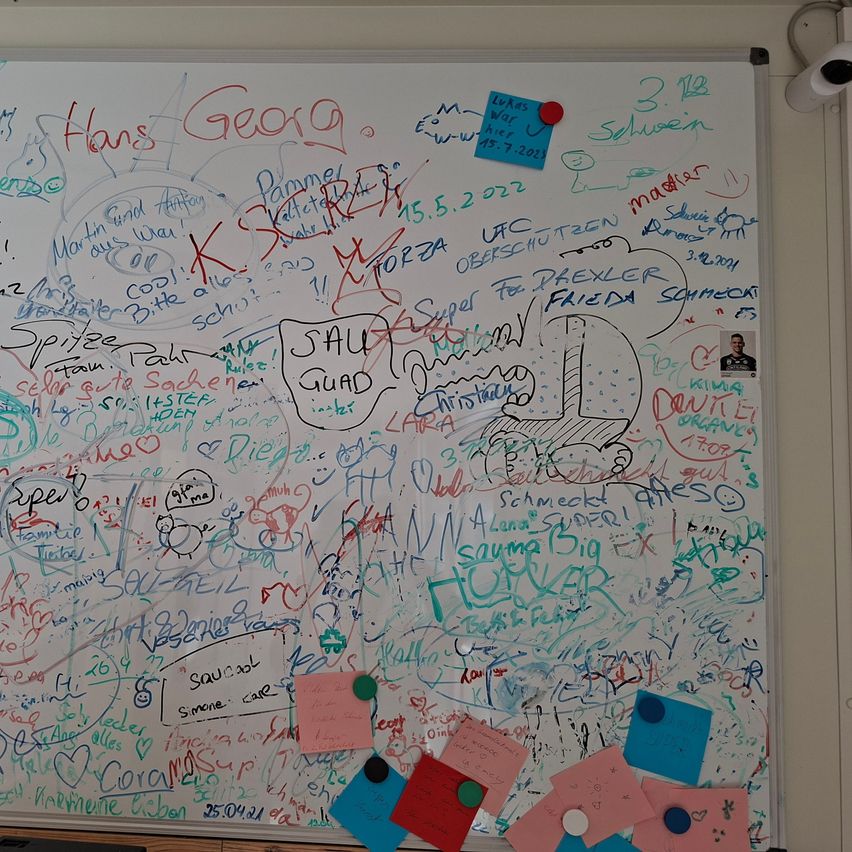 Ein Whiteboard, das mit farbenfrohen Zeichnungen und Schriften bedeckt ist, mit Namen, Daten und verschiedenen Phrasen. Es sind auch mehrere Haftnotizen daran befestigt.