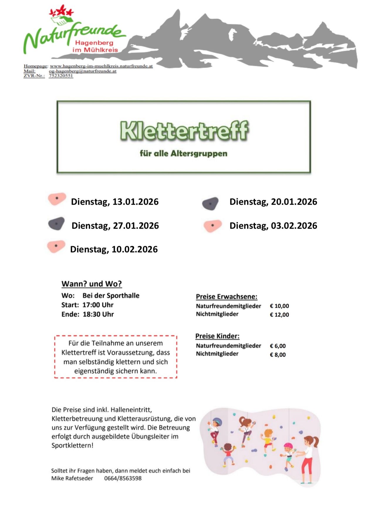 Ein Flyer für den Klettertreff für alle Altersgruppen, mit Terminen und Preisen für das Klettern. Der Flyer besagt, dass die Teilnehmer selbstständig und sicher klettern können sollten.