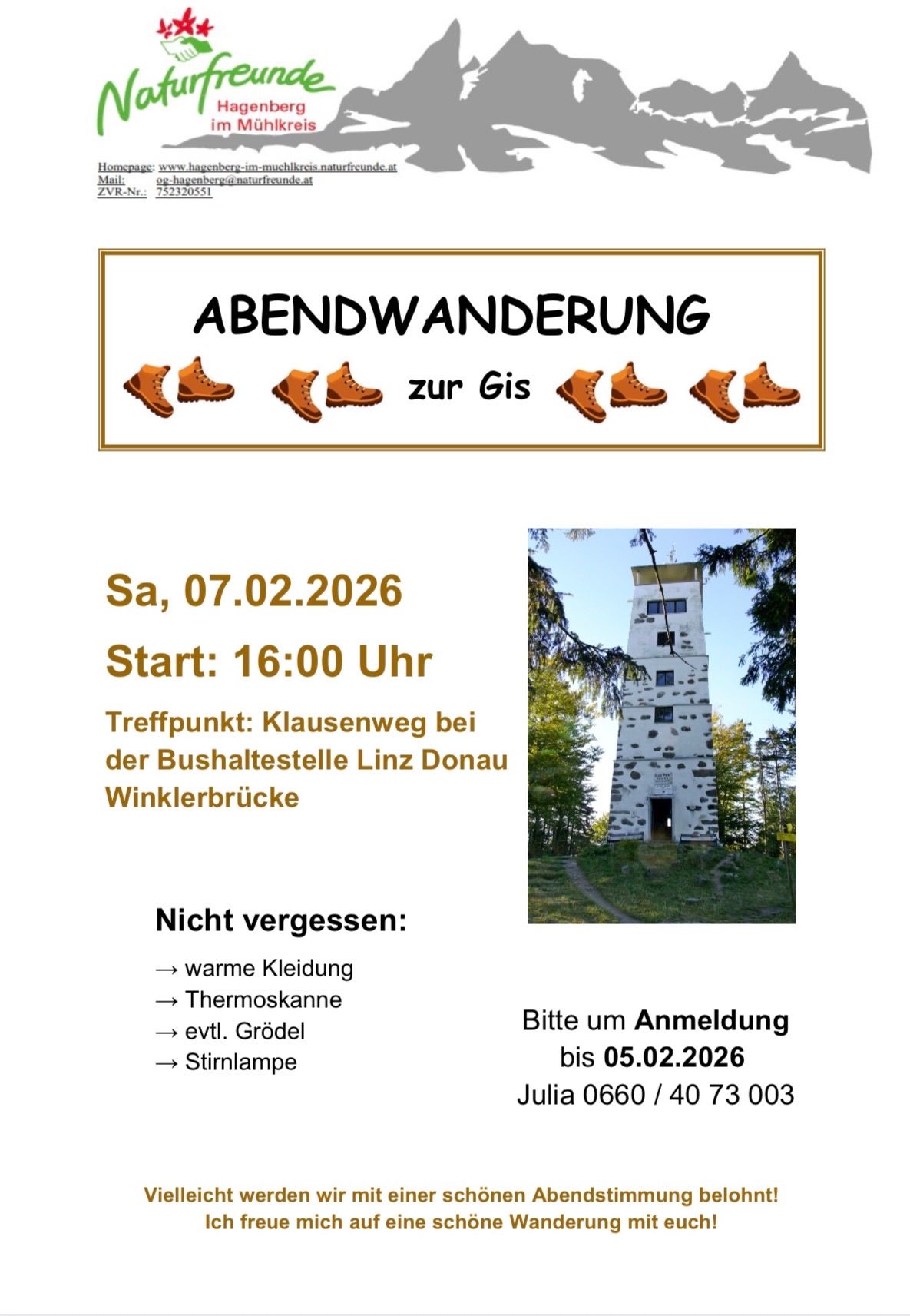 Veranstaltungsposter für eine Abendwanderung am 7. Februar 2026, Beginn um 16:00 Uhr. Treffpunkt am Klausenweg bei der Bushaltestelle Linz Donau Winklerbrucke. Erinnerungen umfassen warme Kleidung, Thermosflaschen und eventuell eine Thermoskanne. Anmeldung bis zum 5. Februar 2026 erwünscht. Kontaktieren Sie Julia unter 0660/40 73 003.