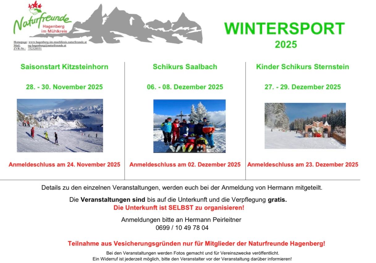 The image is a flyer for winter sports events in 2025. It features a snowy mountain and group photos. Dates and registration details are provided. Accommodation and transportation are self-organized. Photos will be taken and published for club purposes.
