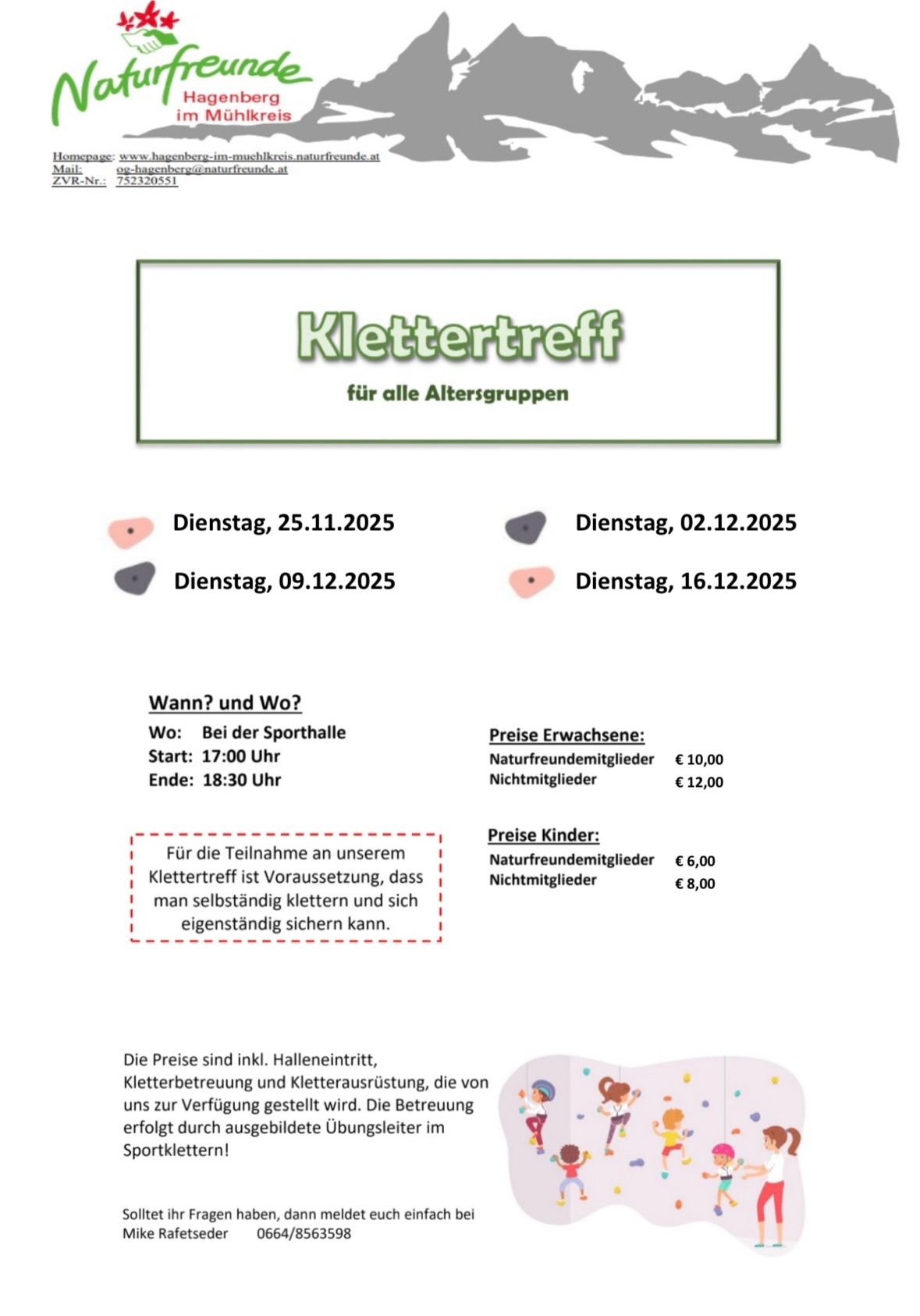 The image contains a flyer for Klettertreff, a climbing event for all age groups. Dates include November 25, December 2, December 9, and December 16, 2025. The event runs from 5 PM to 6:30 PM. Prices are listed for adults and children. The event includes hall entry, climbing training, and equipment.