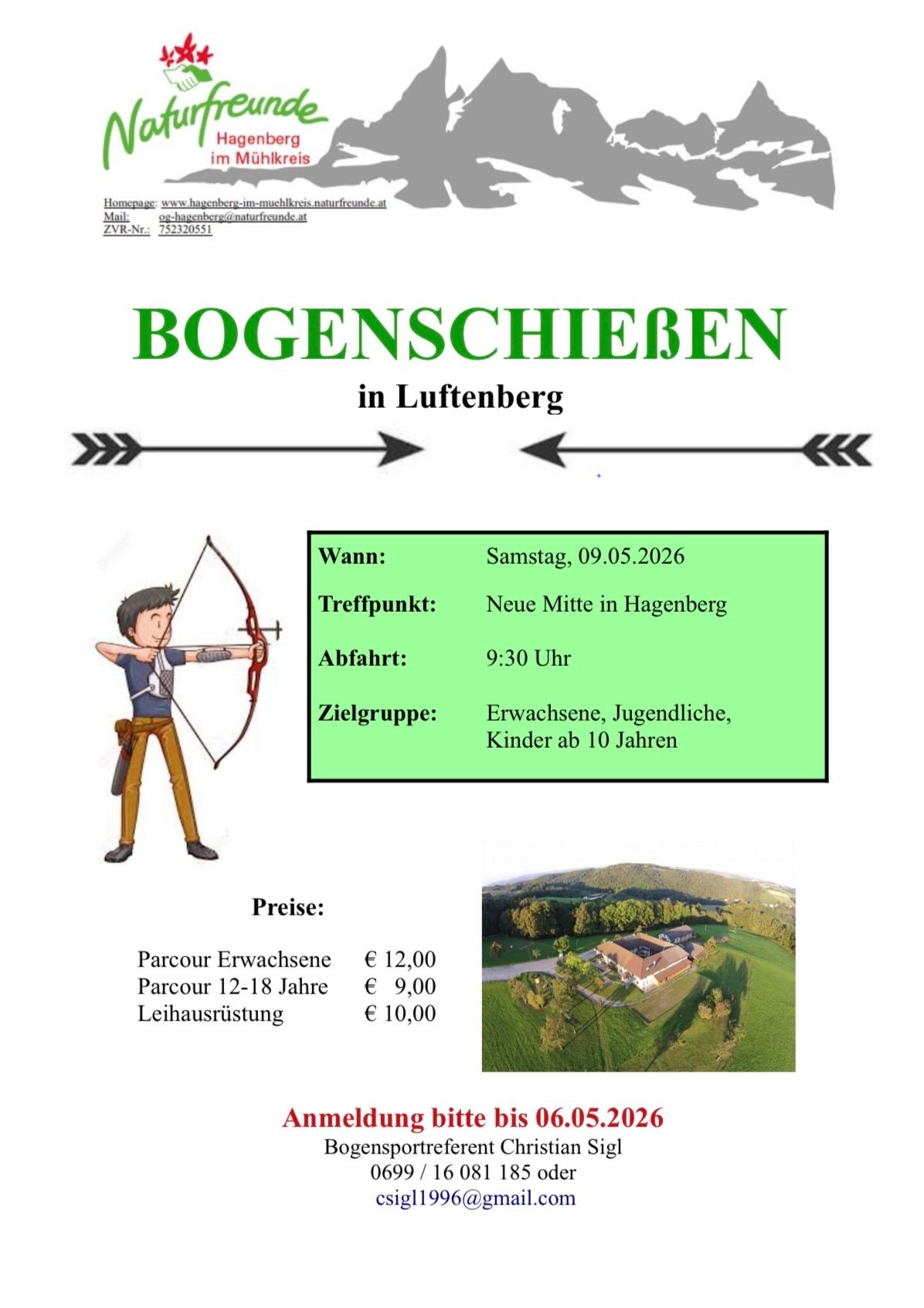 Plakat für Bogenschießen in Luftenberg. Treffpunkt ist Neue Mitte in Hagenberg am Samstag, 9. Mai 2026, um 9:30 Uhr. Zielgruppen sind Erwachsene, Jugendliche und Kinder ab 10 Jahren. Die Gebühren betragen 12 Euro für Erwachsene, 9 Euro für 12-18-Jährige und 10 Euro für geführte Touren. Anmelden bis 6. Mai 2026.