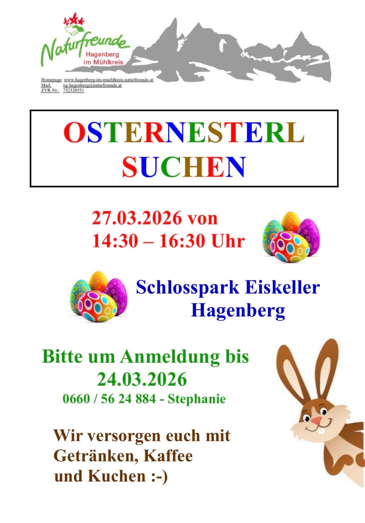 Ein Veranstaltungsposter für Ostereiersuchen am 27.03.2026 von 14:30 bis 16:30 Uhr im Schlosspark Eiskeller Hagenberg. Anmeldung erforderlich bis 24.03.2026. Kontaktieren Sie Stephanie unter 0660/56 24 884.