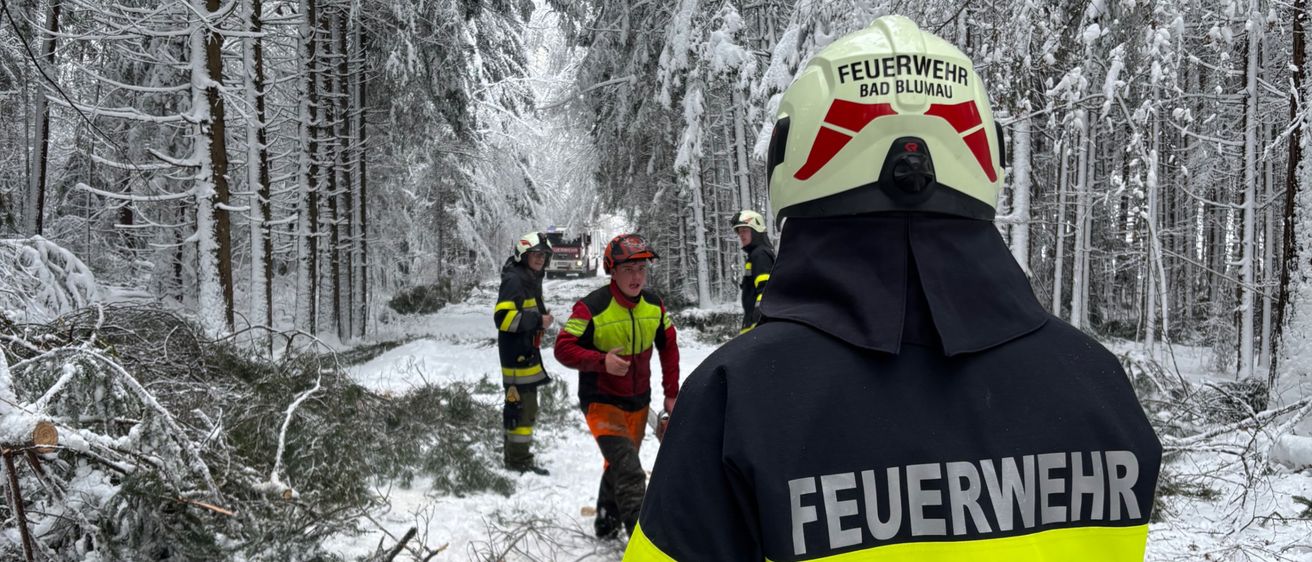 Feuerwehrleute in verschneiten Wäldern räumen einen umgestürzten Baum. Einer trägt einen Helm mit 'FEUERWEHR BAD BLUMAU', ein anderer eine reflektierende Weste. Schnee bedeckt den Boden und die Bäume.