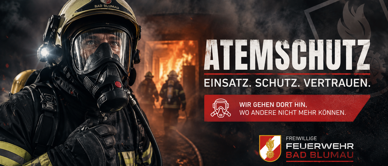 Ein Feuerwehrmann in voller Ausrüstung steht vor einem brennenden Gebäude mit dem Text 'ATEMS' und 'EINSATZ. SCHUT'. Andere Feuerwehrleute sind im Hintergrund.