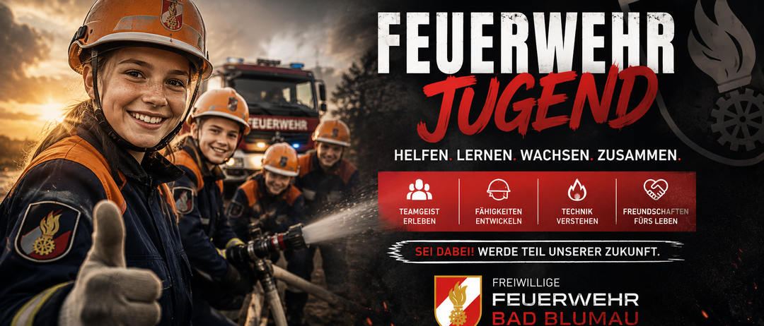 Ein Werbebild für eine Jugendfeuerwehr, das junge Feuerwehrleute bei der Arbeit zeigt, mit einem Feuerwehrwagen im Hintergrund. Der Text betont die Mission des Helfens, Lernens und Wachsens.