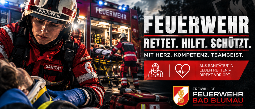 Ein Feuerwehrmann in voller Ausrüstung kümmert sich um einen Patienten auf einer Trage vor einem Feuerwehrwagen. Die Szene spielt vor einem bewölkten Himmel.