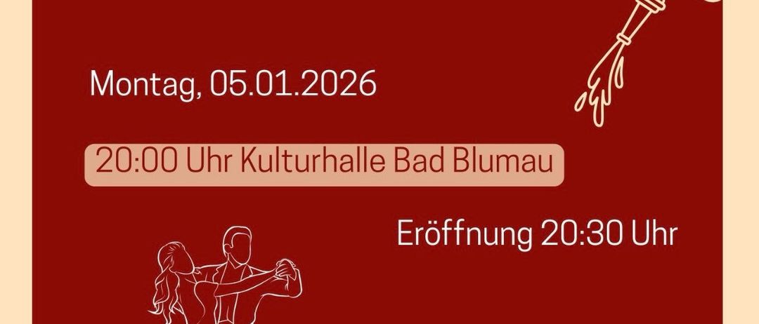 Ein Plakat für den Feuerwehrball in Bad Blumau am 5. Januar 2026. Die Veranstaltung beginnt um 20:00 Uhr in der Kulturhalle Bad Blumau. Eröffnung um 20:30 Uhr. Beinhaltet eine Weinprobe und Disco-Bar.