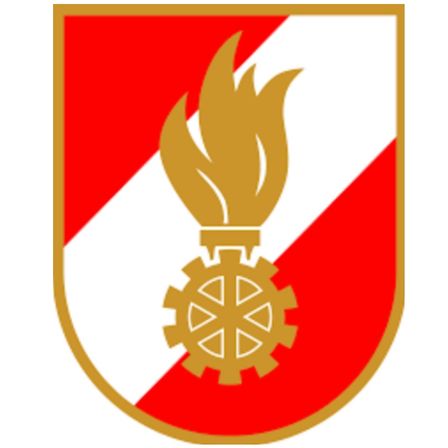 Ein Schild mit rotem und weißem Hintergrund zeigt in der Mitte eine goldene Flamme und ein Zahnrad.