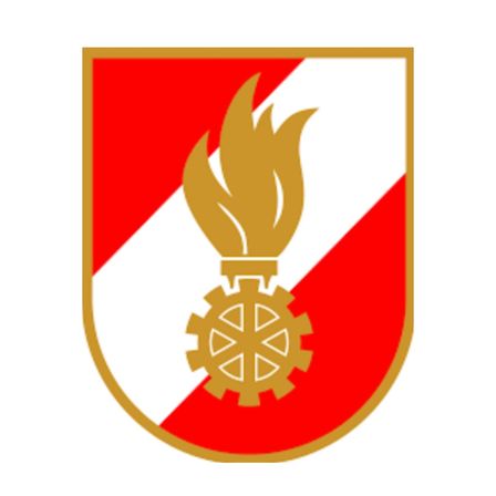 Ein Schild mit rotem und weißem Hintergrund zeigt in der Mitte eine goldene Flamme und ein Zahnrad.