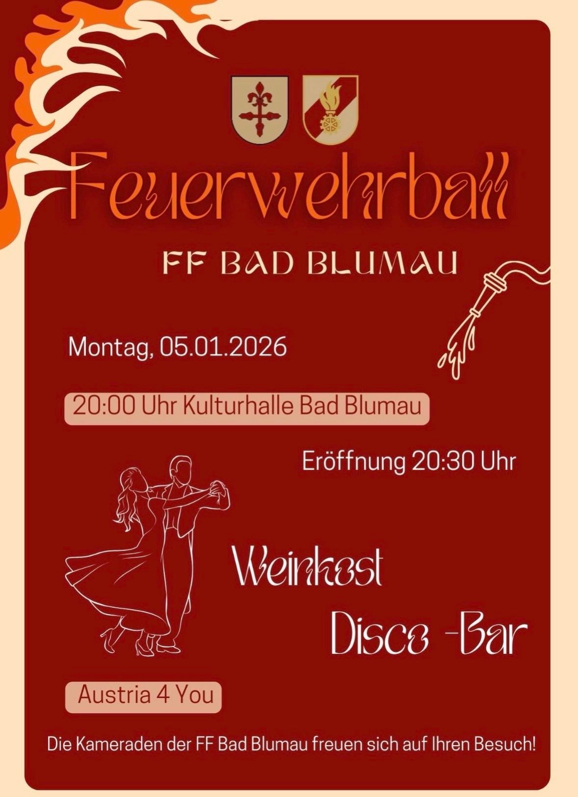 Ein Plakat für den Feuerwehrball FF Bad Blumau am 5. Januar 2026 um 20:00 Uhr in der Kulturhalle Bad Blumau. Die Eröffnung ist um 20:30 Uhr. Eine Illustration zeigt ein tanzendes Paar.