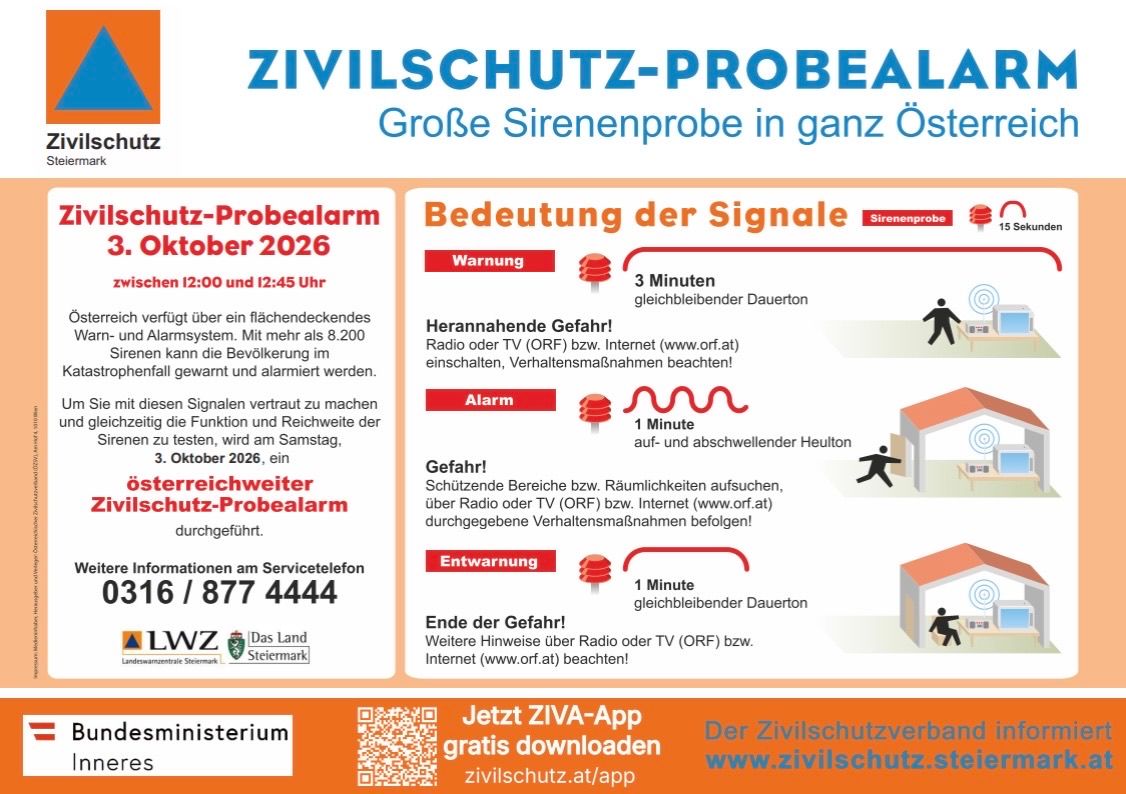 Plakat für eine Zivilschutzprobealarm in Österreich, Oktober 2026. Es enthält Anweisungen für verschiedene Signale wie Warnung, Alarm und Ende der Gefahr mit entsprechenden Handlungsanweisungen. Es bietet auch Kontaktinformationen für weitere Details.