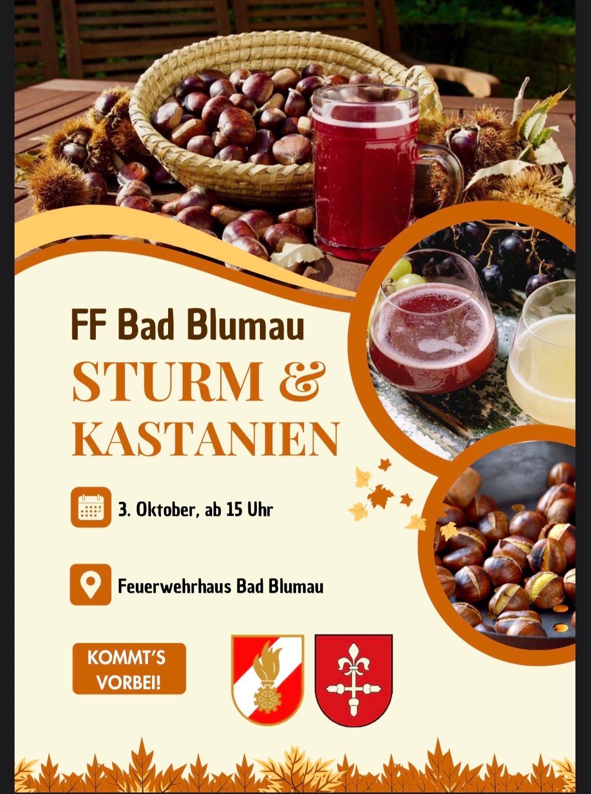 An advertisement for FF Bad Blumau featuring a basket of chestnuts, a glass of red juice, and a glass of white juice. The event is Sturm & Kastanien on October 3rd at 3 PM.