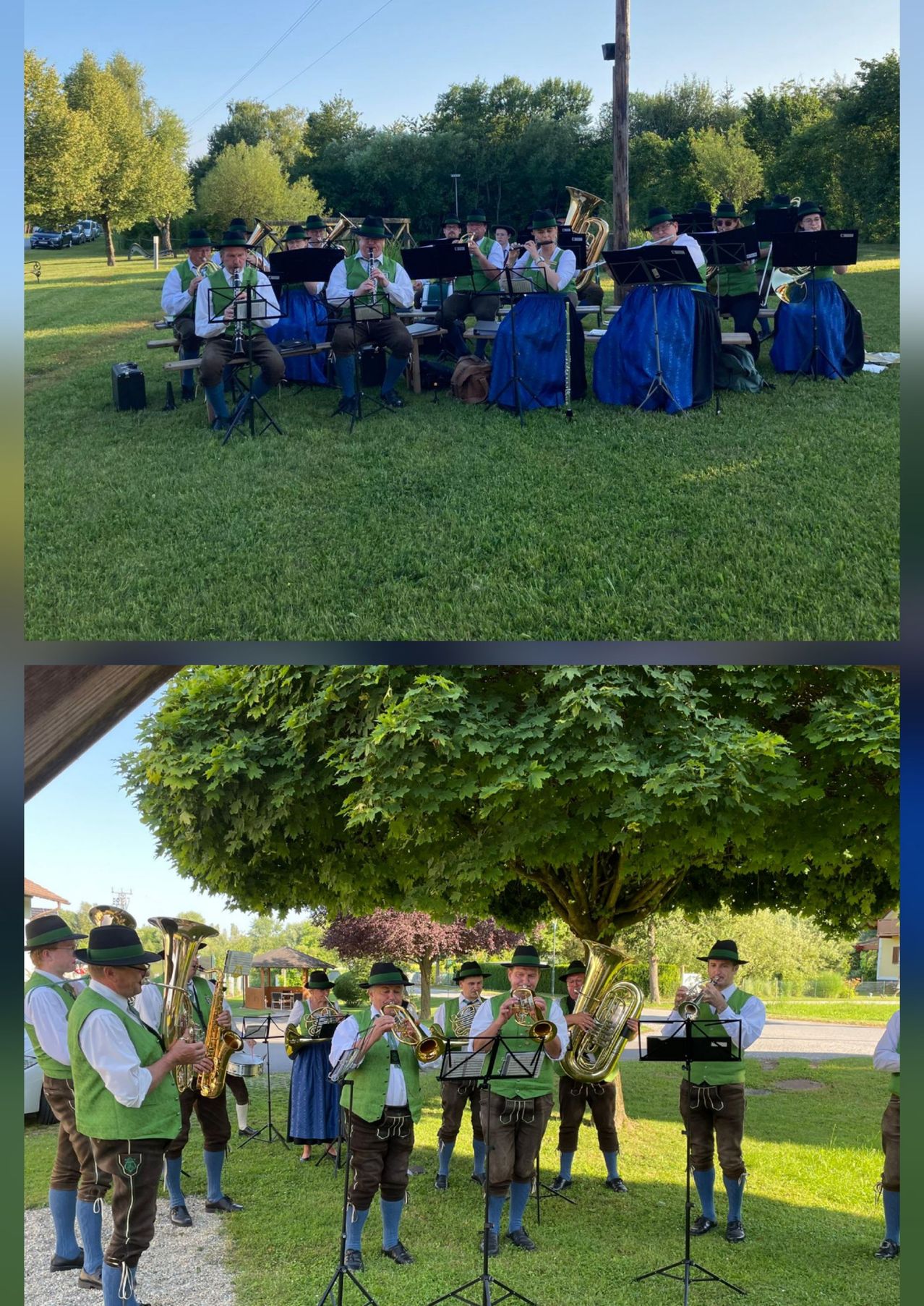 Eine Gruppe von Musikern in traditioneller Kleidung spielt Blechblasinstrumente auf einer Wiese. Einige sitzen auf Bänken, andere stehen, und Bäume sind im Hintergrund.