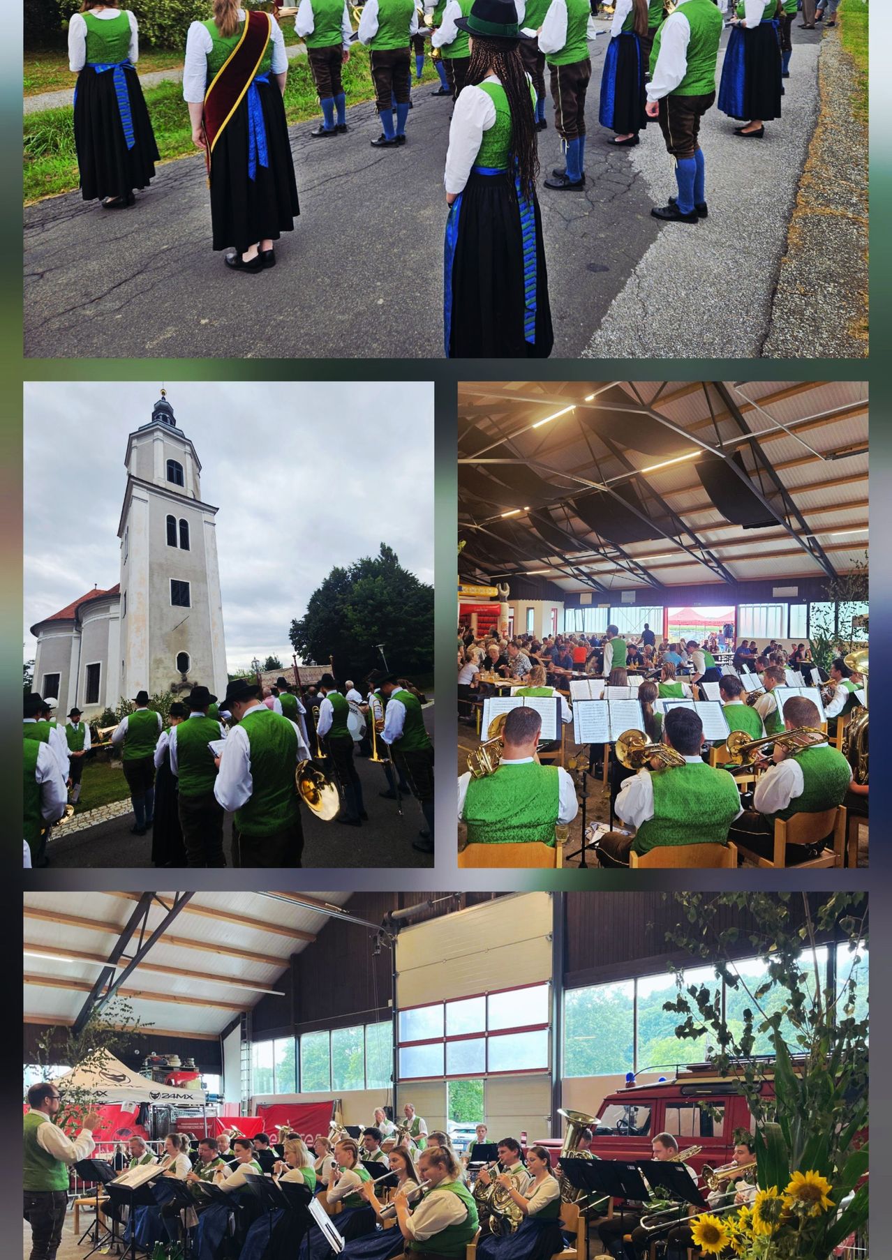 Eine Collage von Bildern, die Menschen in traditioneller Kleidung in der Nähe einer Kirche, eine Band, die in einem Saal auftritt, und einen Innensaal mit Glasfenstern und Pflanzen zeigt.