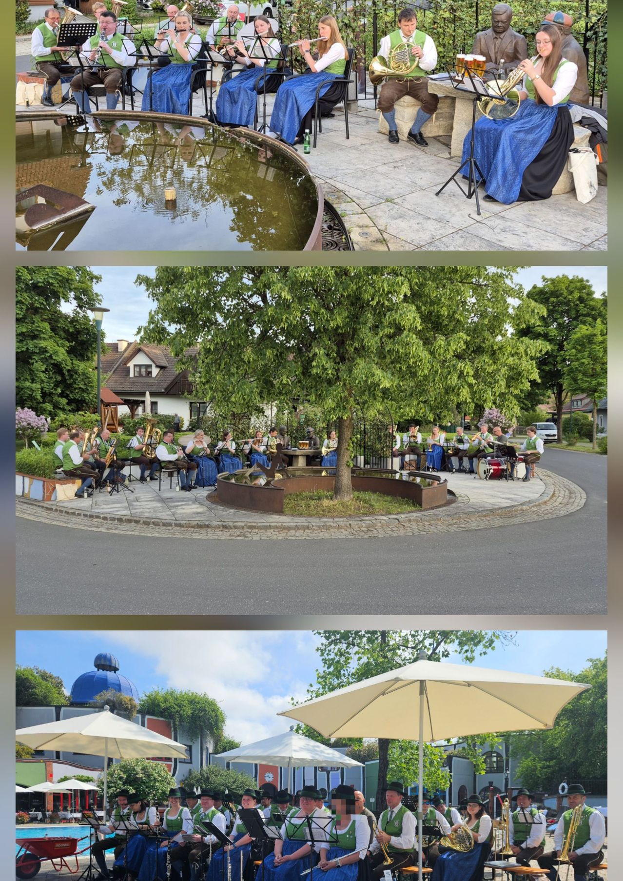 A collage of images includes a fountain, a band playing around a tree, and a street scene with umbrellas.
