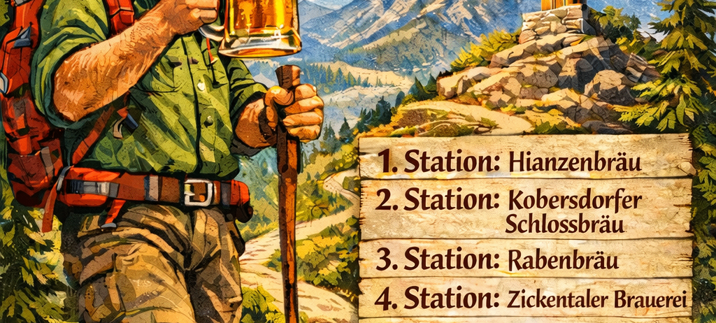 Ein Mann mit Rucksack hält ein Bier und wandert auf einem Pfad mit fünf Stationen. Ein Holzkreuz steht rechts.