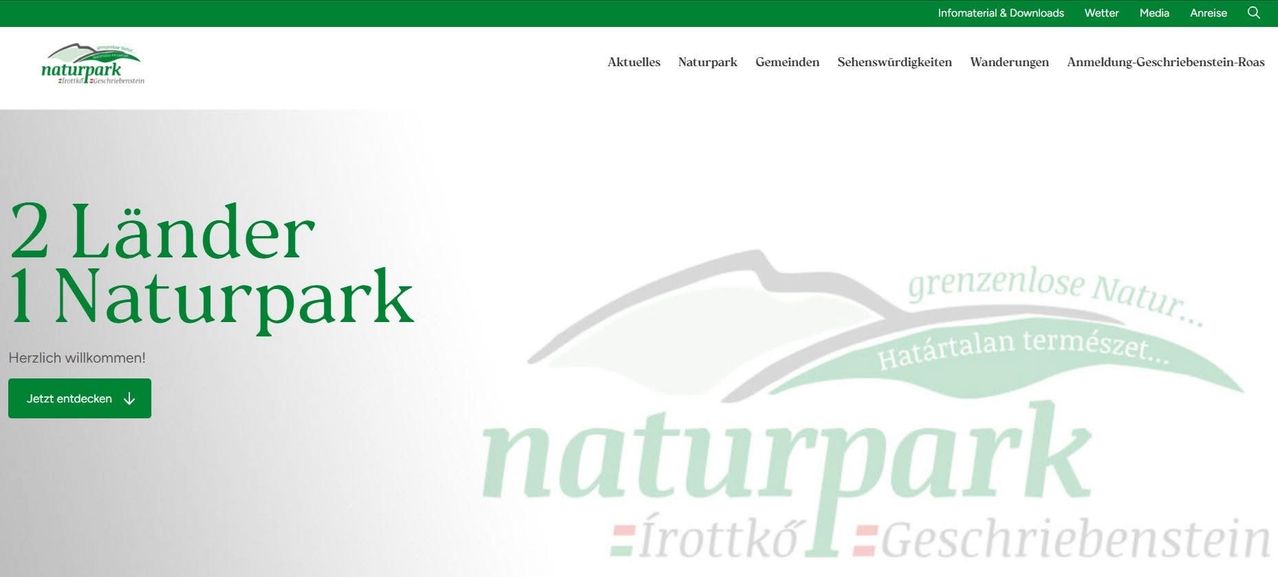 Grüner Banner mit weißem Text: 'Aktuelles', 'Naturpark', 'Gemeinden', 'Sehenswürdigkeiten'. Darunter das Logo von 'Hatat-naturpo' mit dem Text 'Hatat-naturpo = Frottk'.