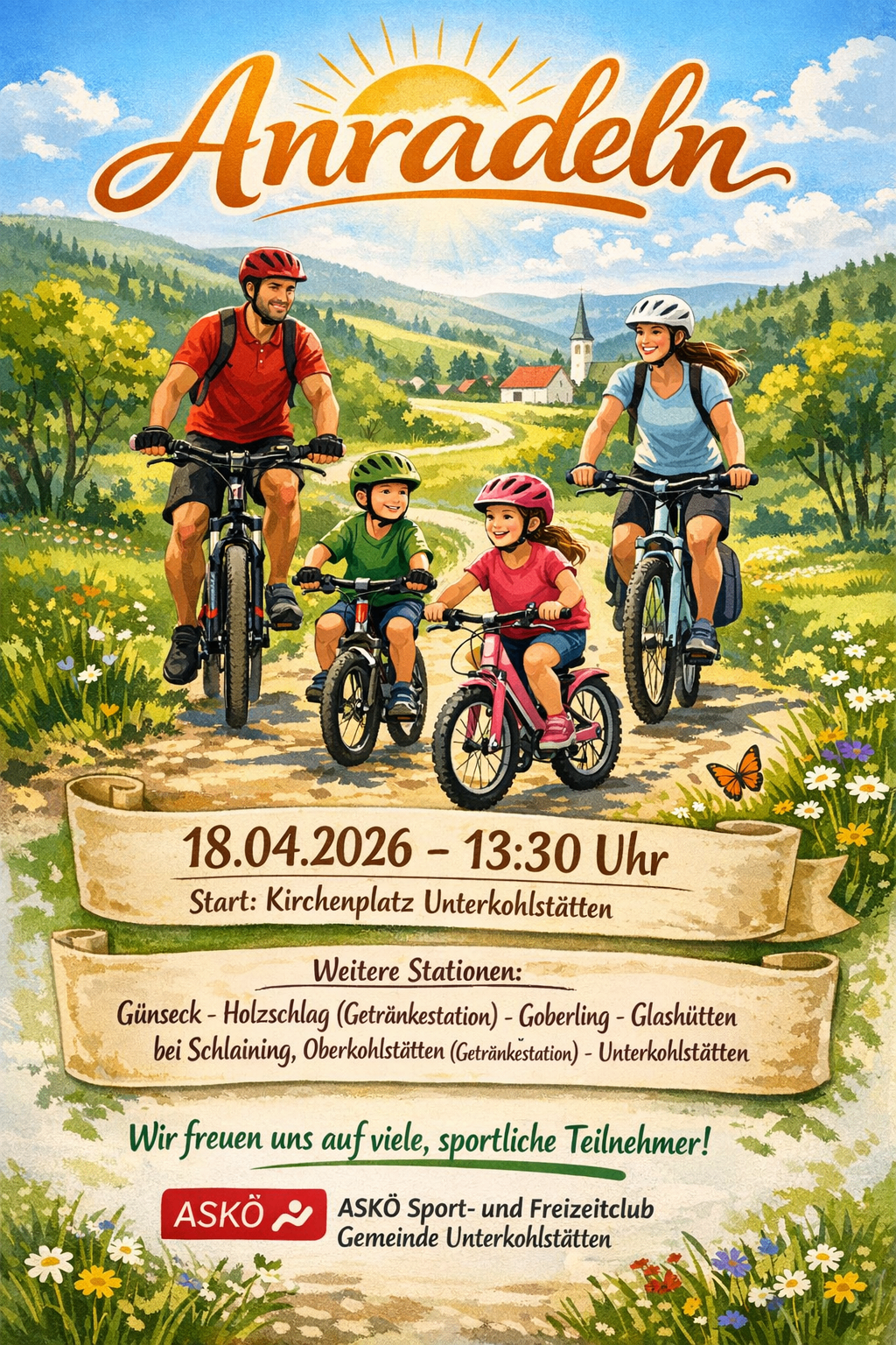 Plakat für eine Fahrradtour am 18. April 2026, Beginn um 13:30 Uhr am Kirchplatz. Vier Personen, darunter Kinder, fahren auf einem ländlichen Pfad mit Fahrrädern. Das Plakat listet Haltepunkte wie Guensek, Holzschlag, Gobeling, Glashuetten, Schlaining, Oberkohlstatten und Unterkohlstatten auf.