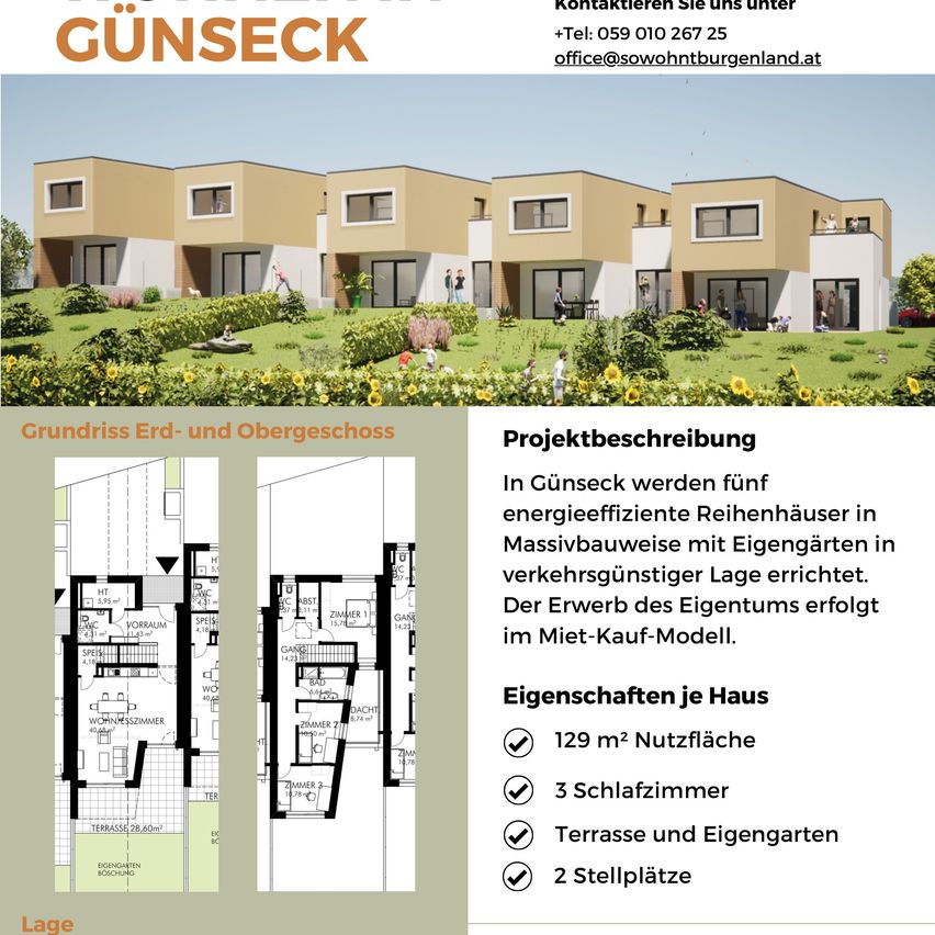 Eine Anzeige für ein Immobilienprojekt in Gunseck, das fünf energieeffiziente Reihenhäuser mit privaten Gärten in verkehrsberuhigter Lage vorstellt. Die Projektbeschreibung hebt die Merkmale jedes Hauses hervor, einschließlich Terrasse, eigener Garten und Parkplätze.