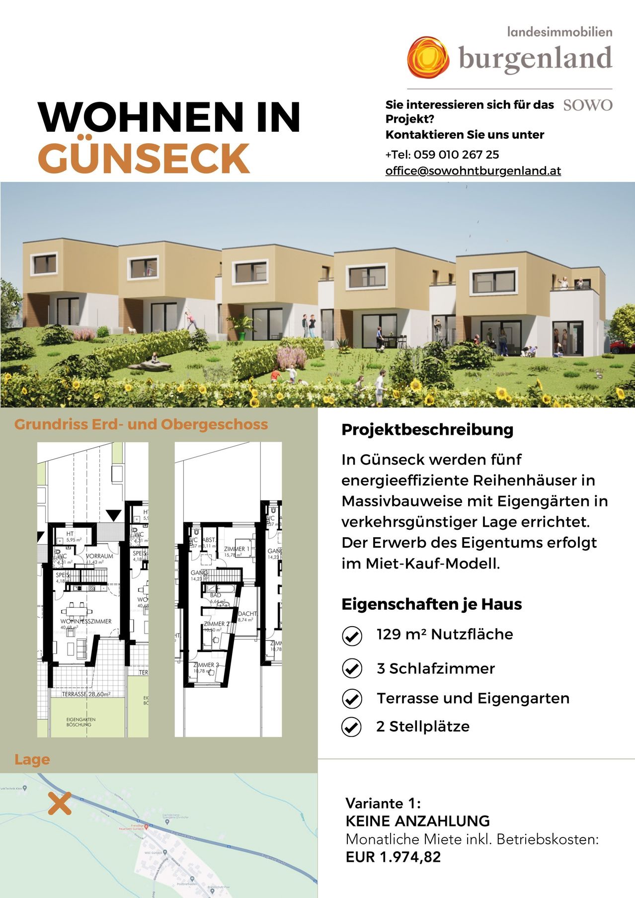 Eine Illustration einer Wohngegend in Günseck. Fünf energieeffiziente Reihenhäuser werden gezeigt. Jedes Haus hat drei Schlafzimmer, eine Terrasse und einen eigenen Garten. Grundrisse sind enthalten.