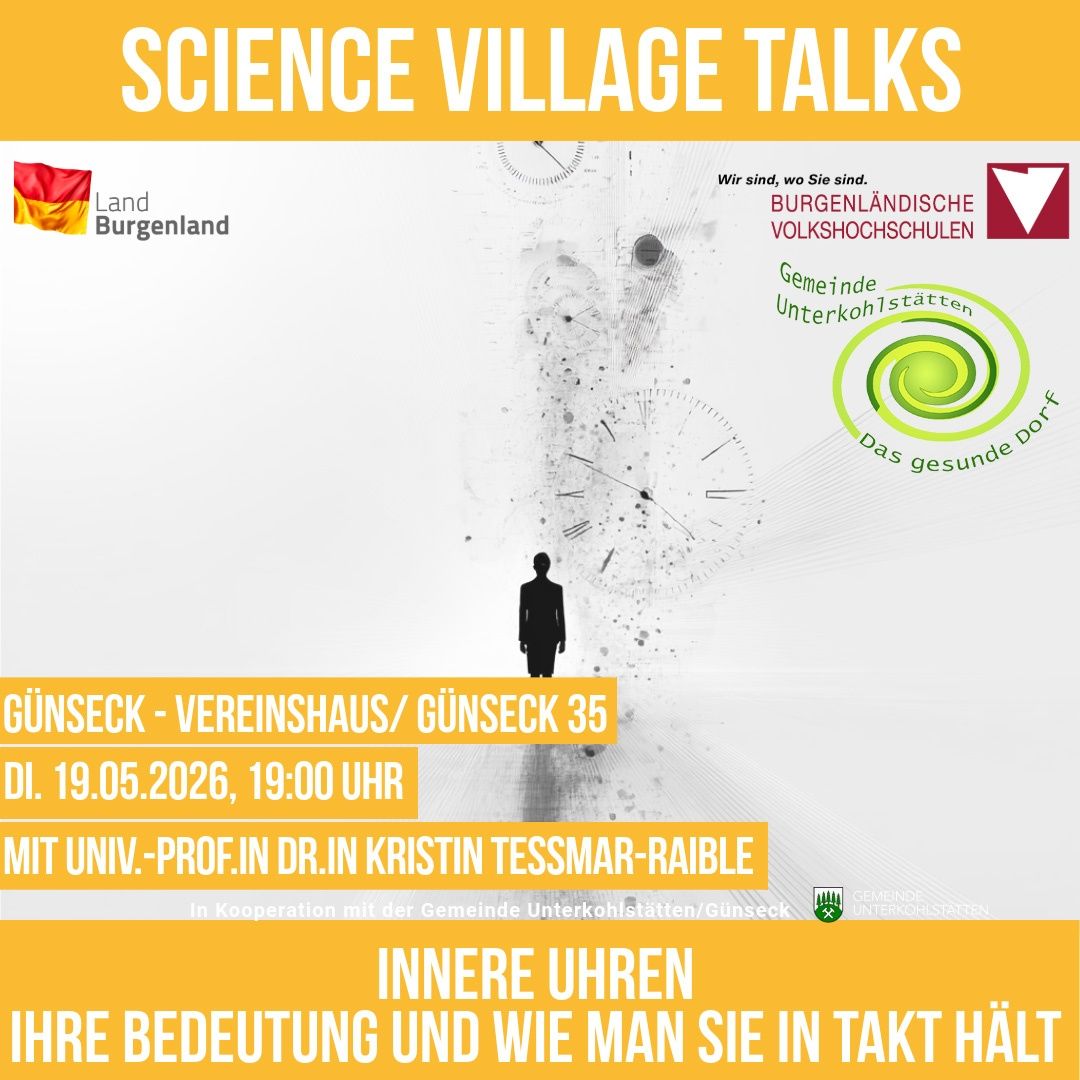 Ein Plakat für die Science Village Talks mit einer Silhouette einer Person, Datum, Uhrzeit und Name des Sprechers. Das Event diskutiert die Bedeutung innerer Uhren und wie man sie im Takt hält.
