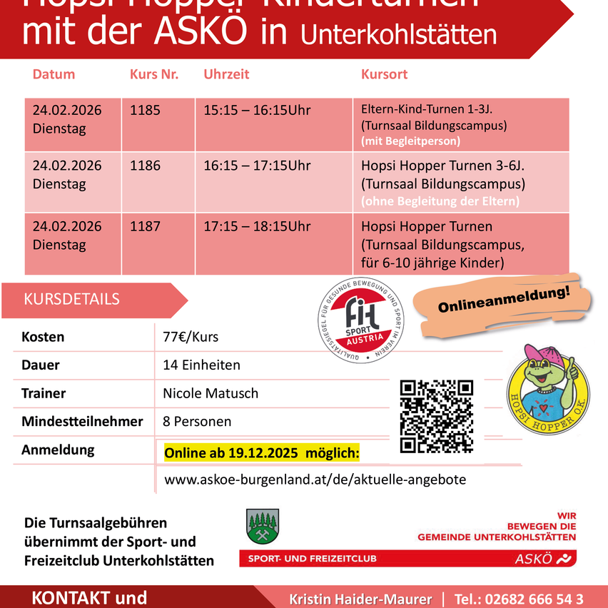 Das Bild zeigt einen Flyer für eine Reihe von Kindersportaktivitäten, die von ASKO veranstaltet werden. Drei Sitzungen sind für den 24. März 2026 für die Altersgruppen 1-3, 3-6 und 6-10 Jahre geplant. Kosten, Dauer und Trainerdetails werden angegeben. Die Anmeldung ist ab dem 19. Dezember 2025 online möglich.