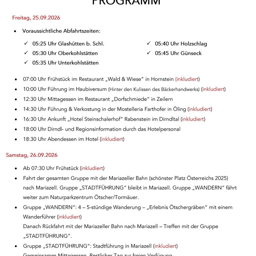 Das Bild zeigt einen Zeitplan für eine Reise am 25. und 26. September 2026. Es enthält Abfahrtszeiten, Frühstück, Mittagessen, Abendessen und Gruppenaktivitäten. Gruppenaktivitäten umfassen eine Zugfahrt, eine Wanderung und eine Stadtführung.
