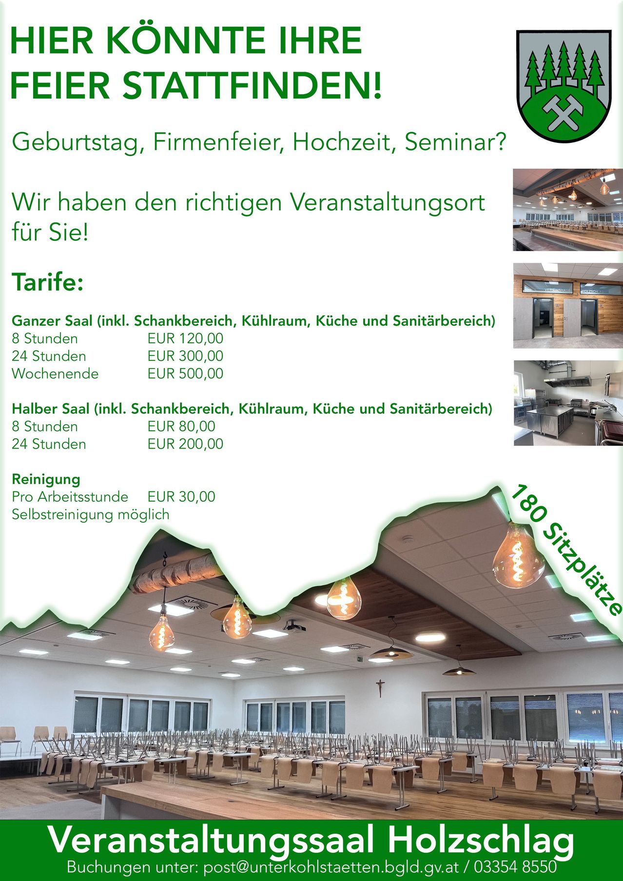 Ein Flyer, der Veranstaltungsräume für verschiedene Anlässe anbietet, mit Preisdetails und einem Foto des Veranstaltungsortes. Der Flyer beinhaltet Optionen für die Anmietung eines ganzen Saals und eines halben Saals, zusammen mit Reinigungsgebühren.