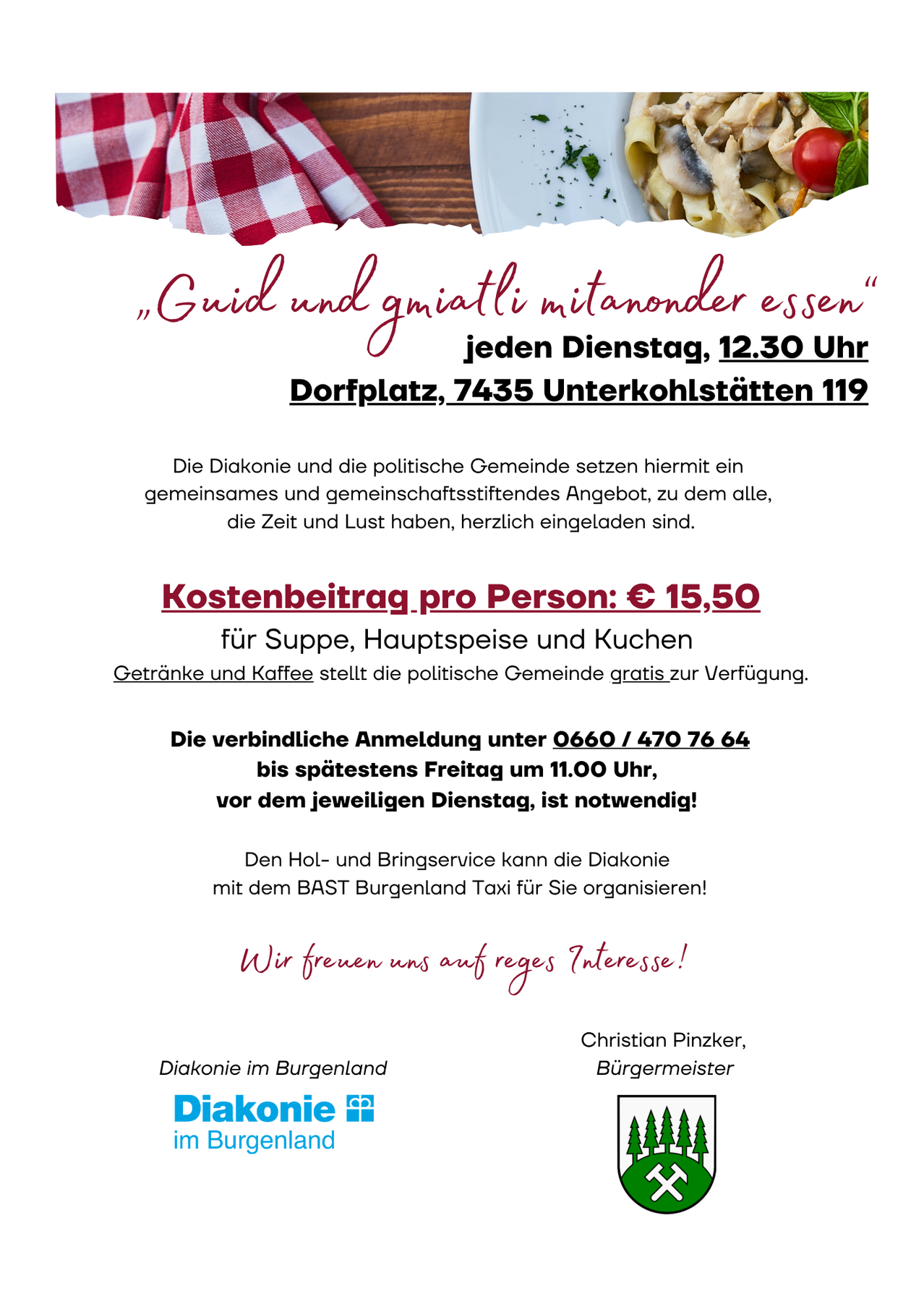 Ein Flyer für eine Gemeinschaftsmahlzeit in Unterkohlstatten, die jeden Dienstag um 12:30 Uhr stattfindet. Der Flyer enthält Informationen über die Kosten, das Menü und den Anmeldeprozess.