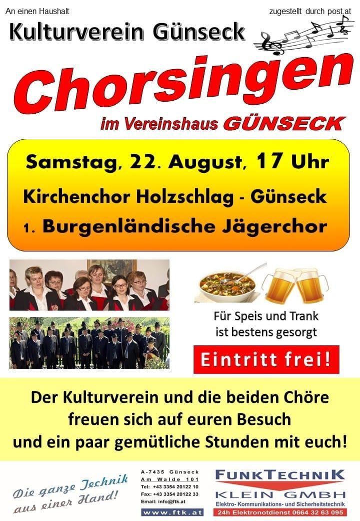 Ein Plakat für einen Chor-Event am 22. August um 17 Uhr im Vereinshaus Gunseck. Es zeigt Bilder von Chormitgliedern, Essen und Getränken, wobei der Text 'Eintritt frei!' auf freien Eintritt hinweist.
