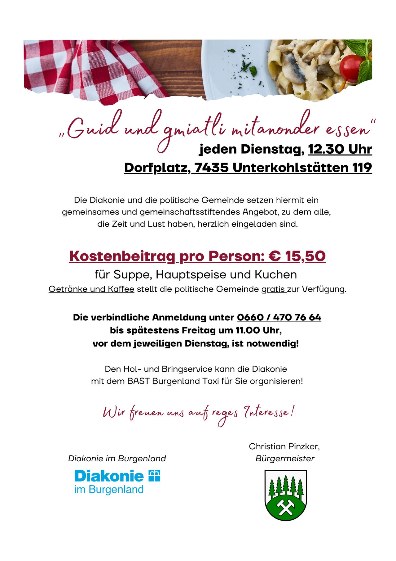 Ein Flyer, der ein Gemeinschaftsessen in Burgenland, Deutschland, ankündigt. Es zeigt ein Bild von Essen, Details zu den Kosten und einen Aufruf zur Anmeldung.