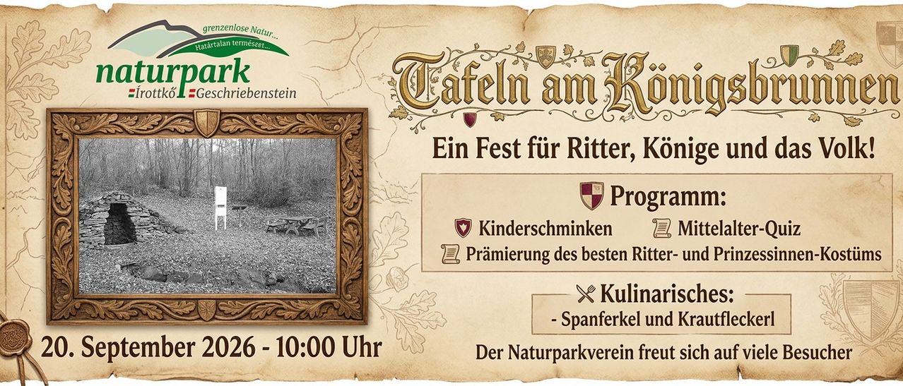 Ein mittelalterliches Veranstaltungsposter für Tafeln am Konigsberg mit einem Bilderrahmen mit einer Waldszene, einem Datum und einer Uhrzeit und verschiedenen aufgelisteten Aktivitäten.