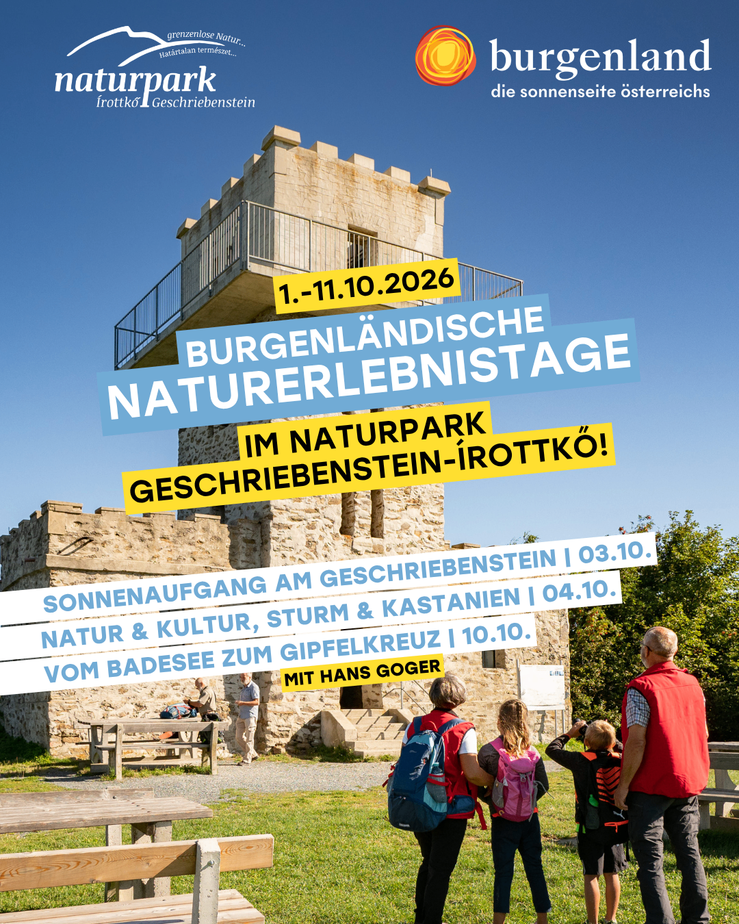 Werbeplakat für die Burgenländischen Naturerlebnistage an Gschriebenstein-Irottkö mit einer Burg, Menschen und Naturaktivitäten.
