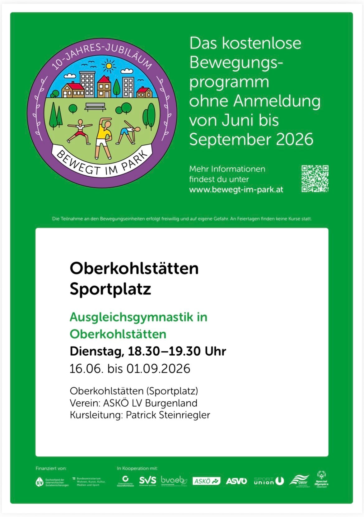 Plakat für das 'Bewegt im Park' Programm. Es zeigt eine Illustration von Menschen, die Yoga machen. Das Programm läuft von Juni bis September 2026. Weitere Informationen finden Sie unter www.bewegt-im-park.at.