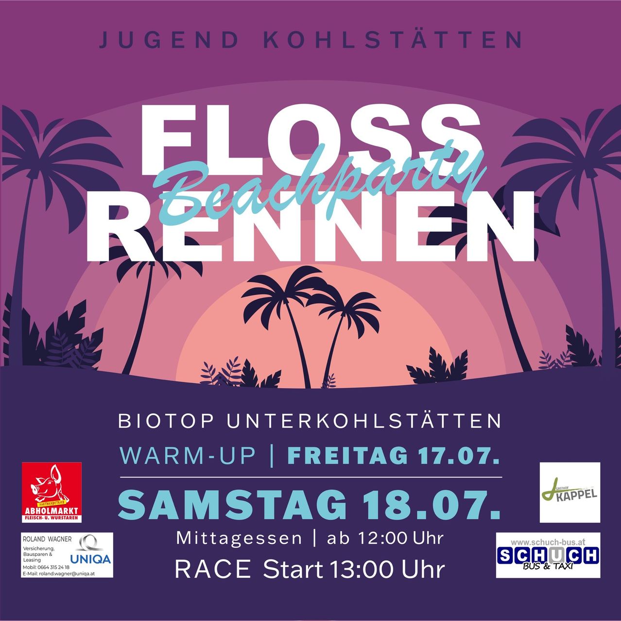 Plakat für Floss Beachparty Rennen mit tropischem Hintergrund, mit Daten und Zeiten für Aufwärmung und Rennen.